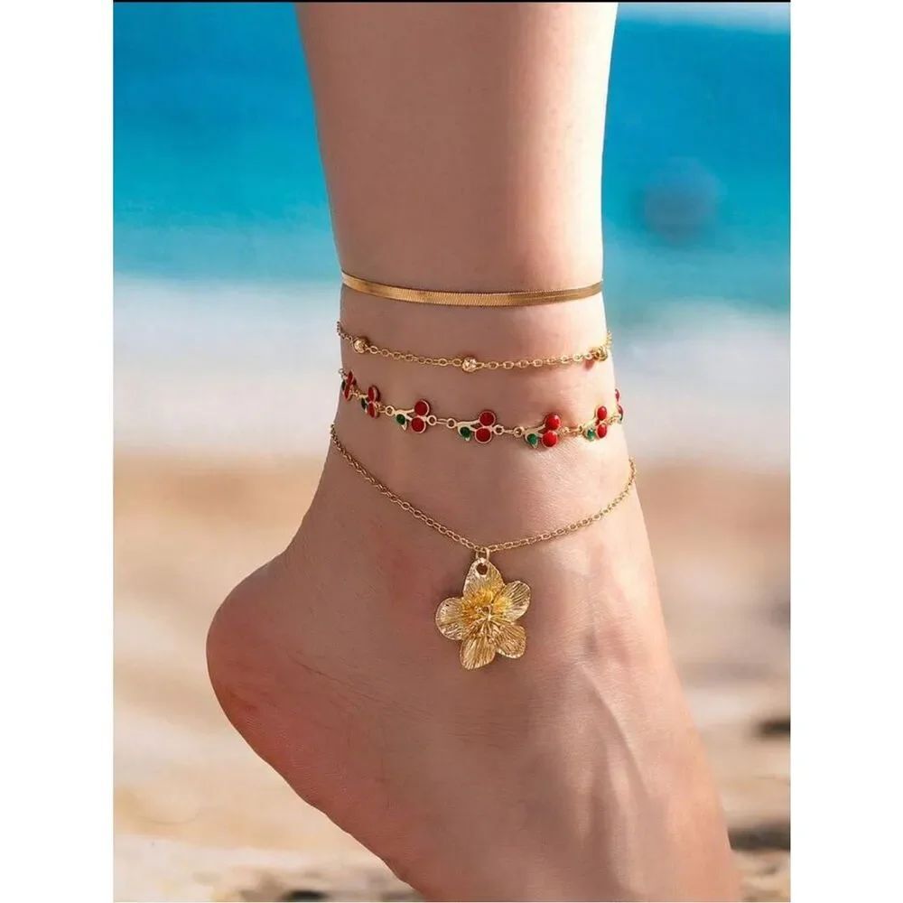Gold Layered Anklet Set with cherry R635